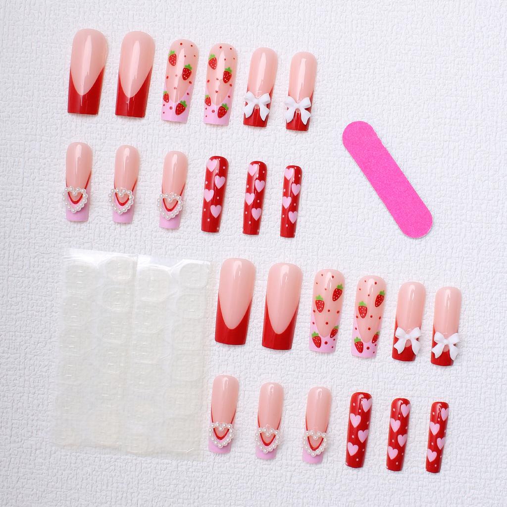 Pink Heart Strawberry Design Press On Nails 24Pcs French Style Lightweight Comfortable Wear For Woman