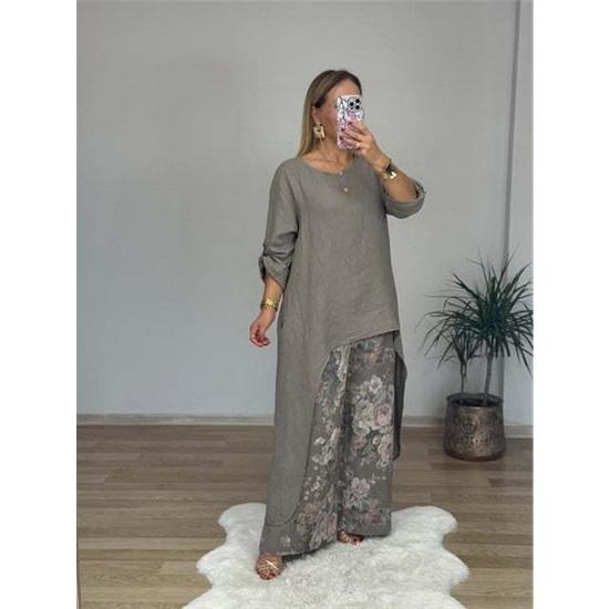 Women's 2-piece set solid color long sleeve round neck irregular top printed wide-leg pants