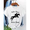 European sizesCustomizable Horseback Riding Graphic T-Shirt - Personalized Text, Black & White Design, Short Sleeve, Round Neck