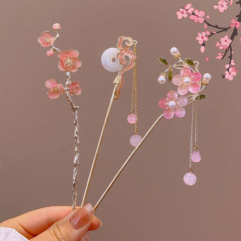 Vintage Chinese Style Pink Flower Hair Sticks For Women Elegant Crystal Tassel Hairpins Hair Buns Hanfu Headwear  Hair Ornaments