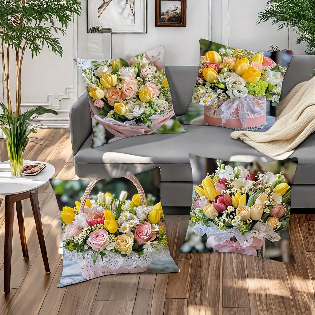 Colorful Flower Bouquet Patterned Cushion for Home Polyester pillowcase, sofa decorative cushion cov Headboard Pillow