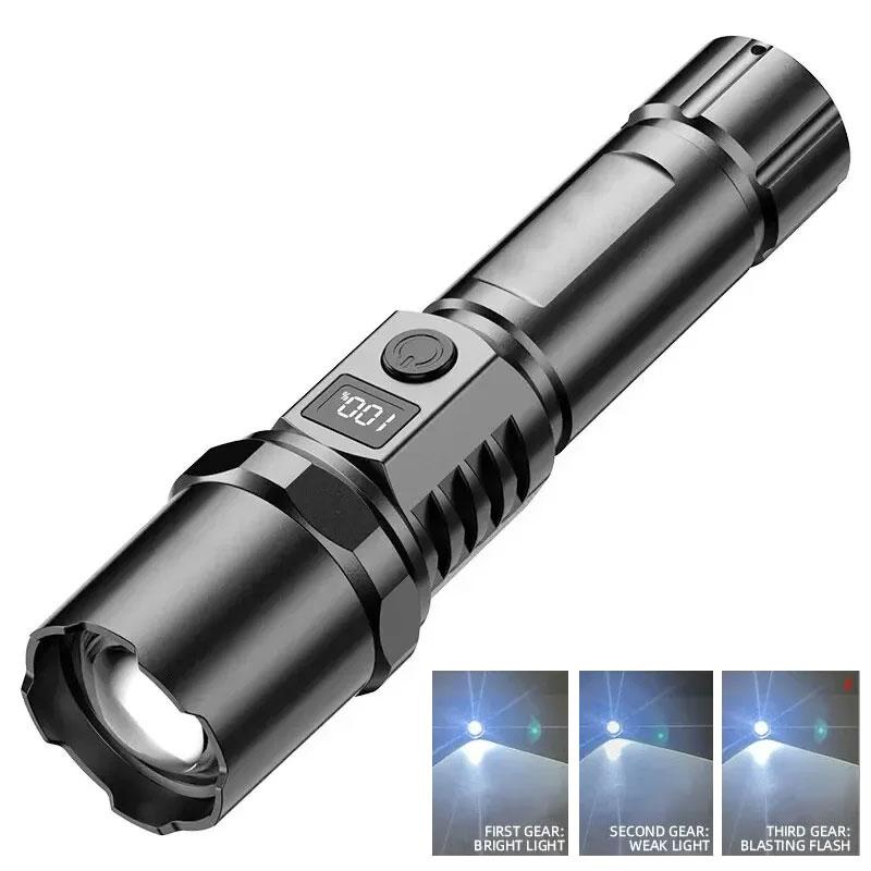 Portable High Power Led Flashlight Rechargeable Retractable Flashlight Digital Zoom Usb Hand Light For Camping Outdoor Emerge