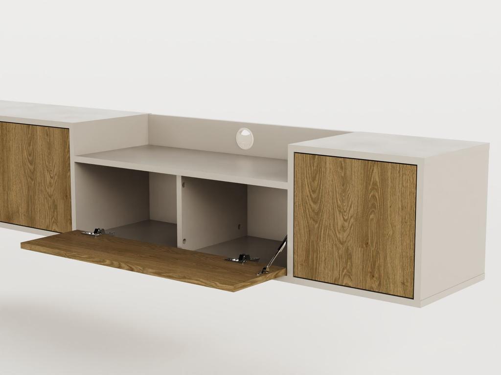 Meuble TV PINELLA – Crème & Chêne Foncé – 3 Portes Battantes, 1 Porte Abattante – 200 X 35 X 37 Cm