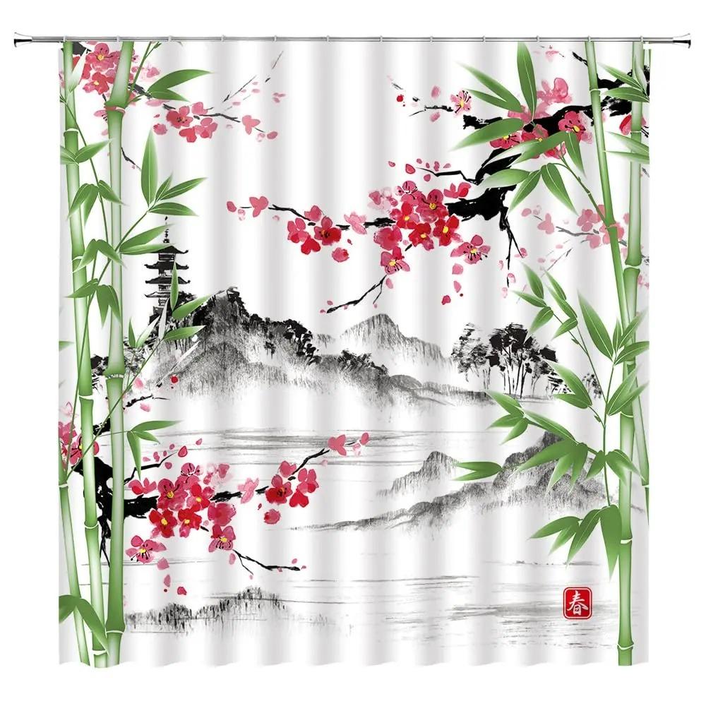 Landscape Shower Curtain Spring Season Pink Flower and Pavilion Scenery on Lake Chinese Style Bathroom Decor Hanging Curtain with Hooks