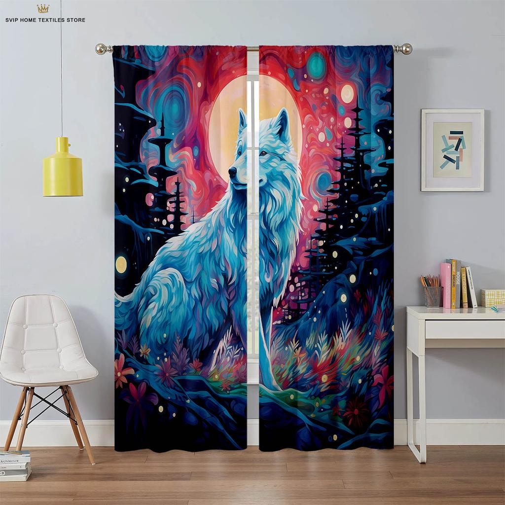 Tier Star und Wolf 3D-gedruckte Vorhänge, Geeignet für Schlafzimmer, Wohnzimmer, Arbeitszimmer, Küche, Fensterdekoration, 2 Stück