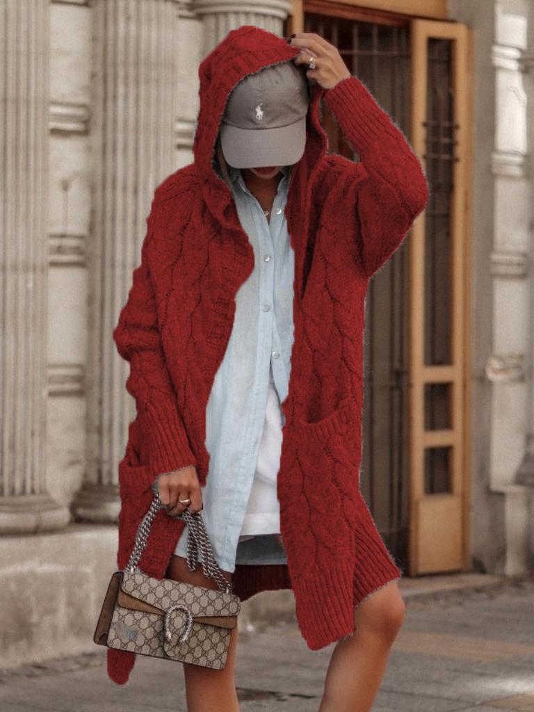 Fall Winter Women's Knit Sweater Long Cardigan Open Shawl Coat with Hood and Pockets (Plus Size)
