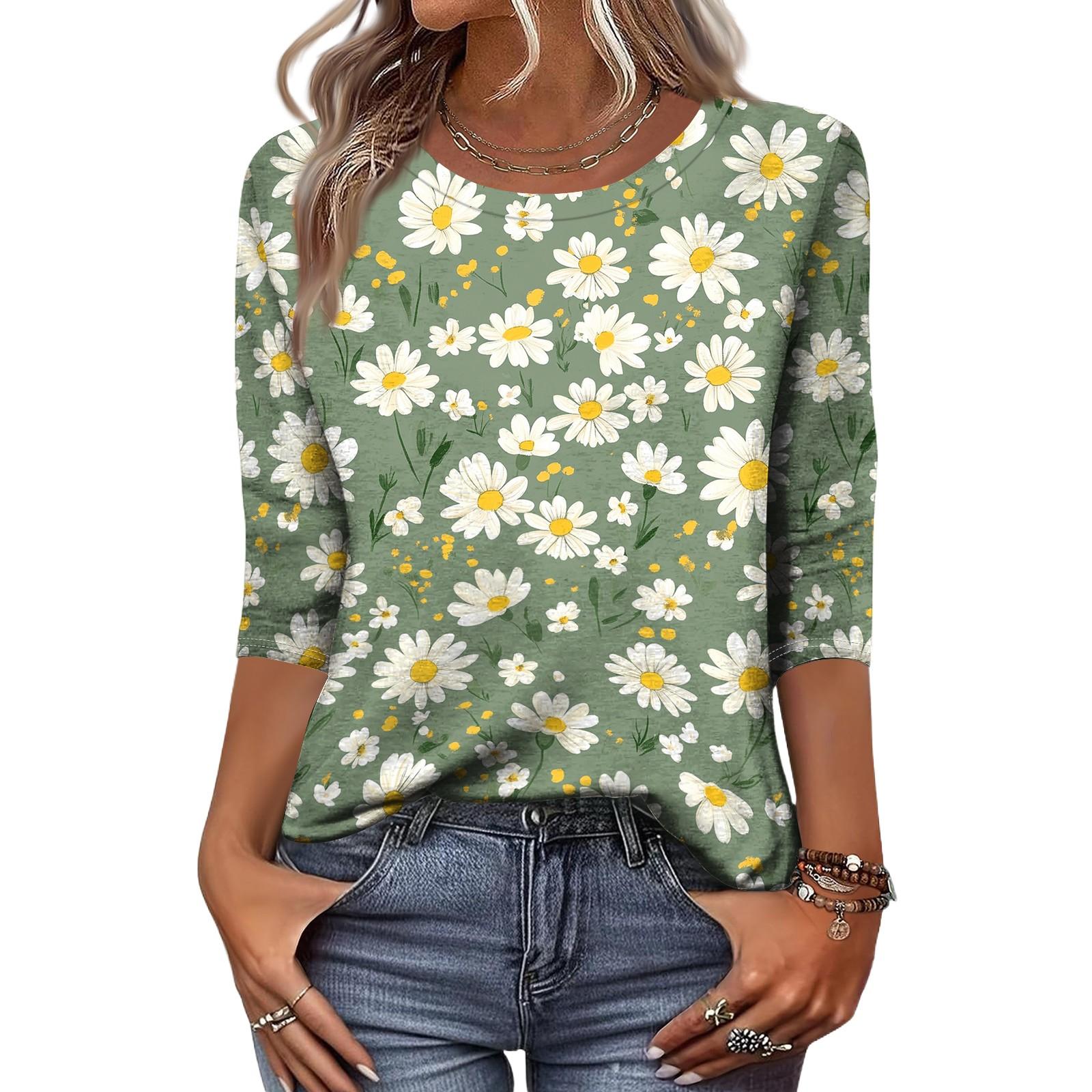 Women s Fashion Casual Floral Print Three-Quarter Sleeve Neck Blouse L