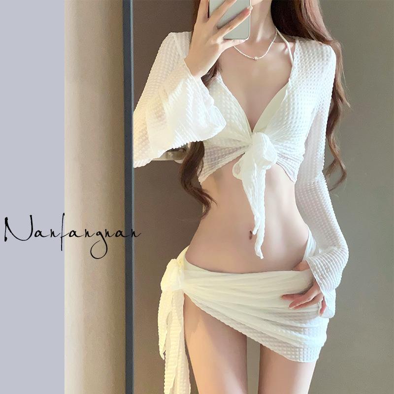 Women's 2025 White Hollow Tie-Up Bikini Set - Four-Piece Fairy Vacation Style Swimsuit