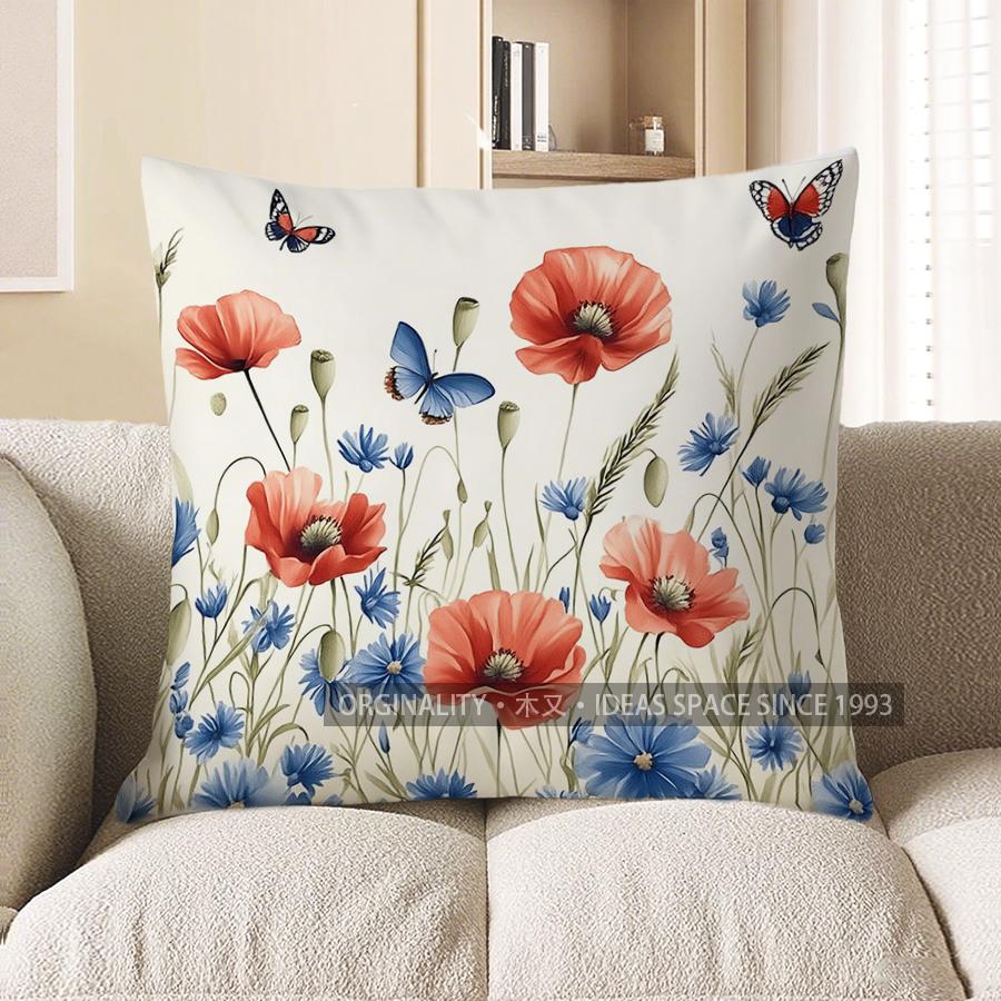 Home Decor Colorful Flowers & Butterflies Decorative Pattern Cushion Cover Suitable For Sofa Bedroom Car Pillow Cover