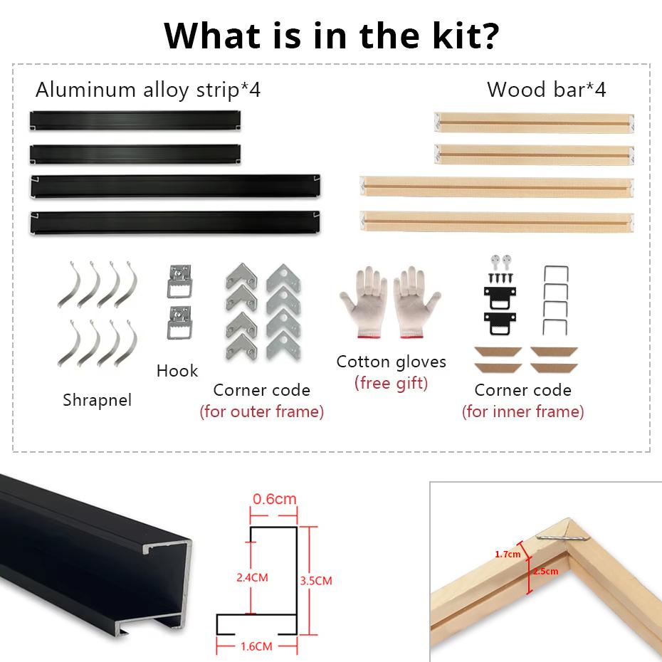 Customized DIY Frame Kit Gold Black Metal Aluminum Outer Frame and Wooden Inner Frame for Canvas Painting Gallery Home Decor