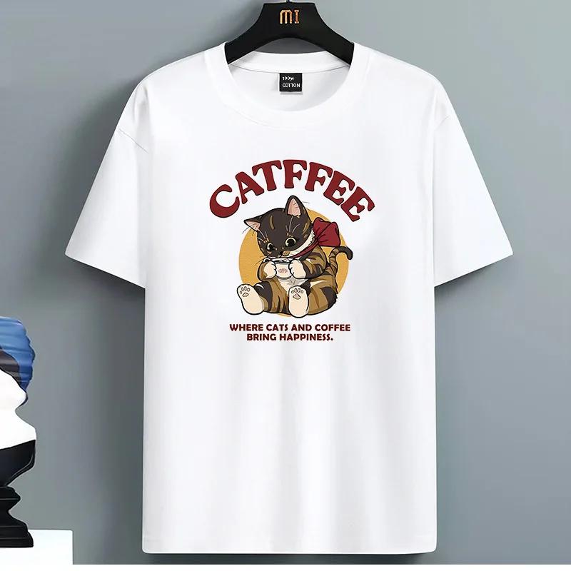 Catffee Kitten Drinking Coffee Graphic Print Unisex Women Casual Cotton Round Neck TShirt S