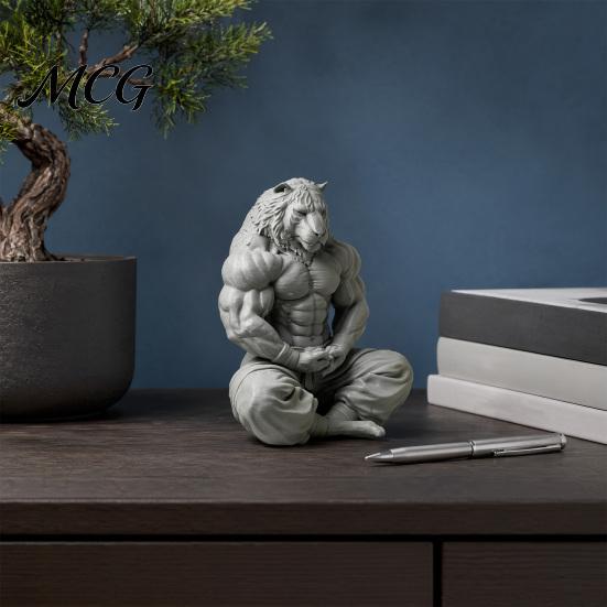 Soft Furnishing Accessory 3D Printed Tiger Man Figurine, Muscular Figure Ornament, Minimalist Animal Sculpture with Details, Zen Posture Desktop Decor