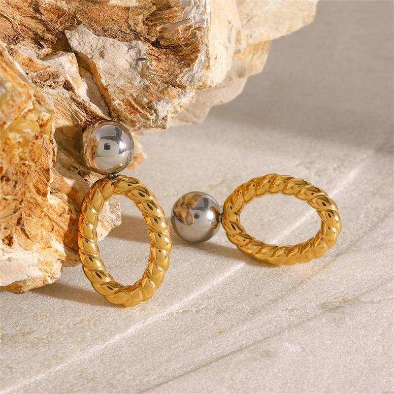 Elegant Stainless Steel Texture Jewelry Set with Round Stripes Designs Includes Necklace Earrings and Bracelet
