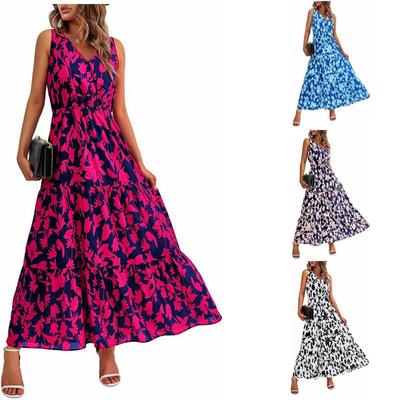 2025 V-Neck Sleeveless Print Dress with Elastic Waist - European & American Style
