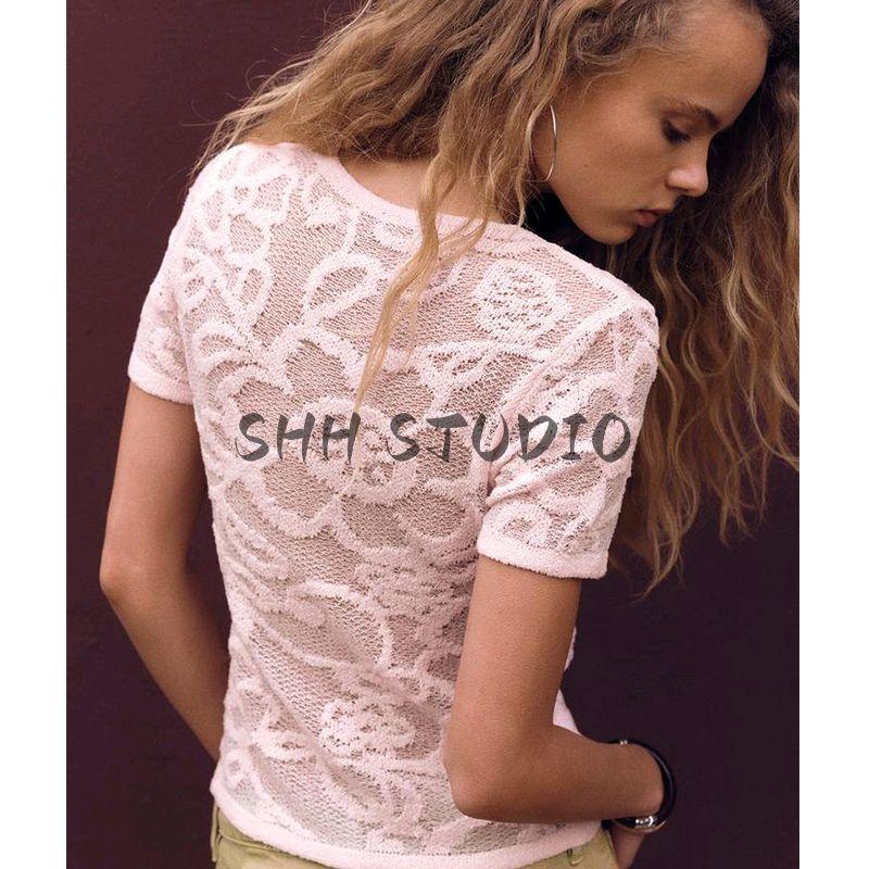 Summer New Arrival Women's round Neck Silm Short Sleeve T-shirt Flower Print Texture Knitting Tops 0234006