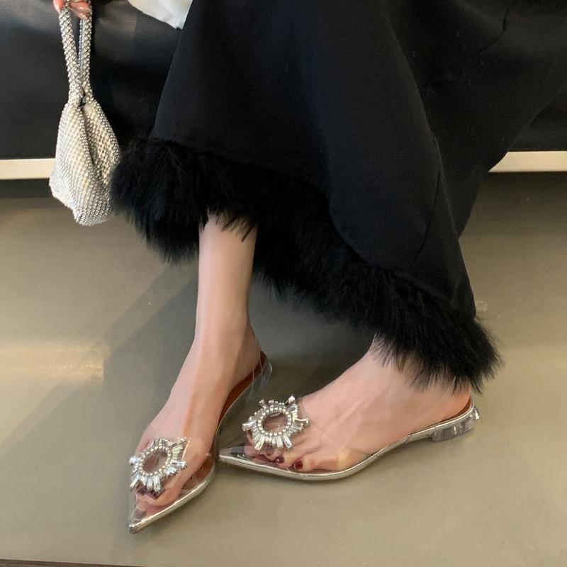 Pointed rear empty women's shoes high-end rhinestone sunflower transparent low-heeled sandals