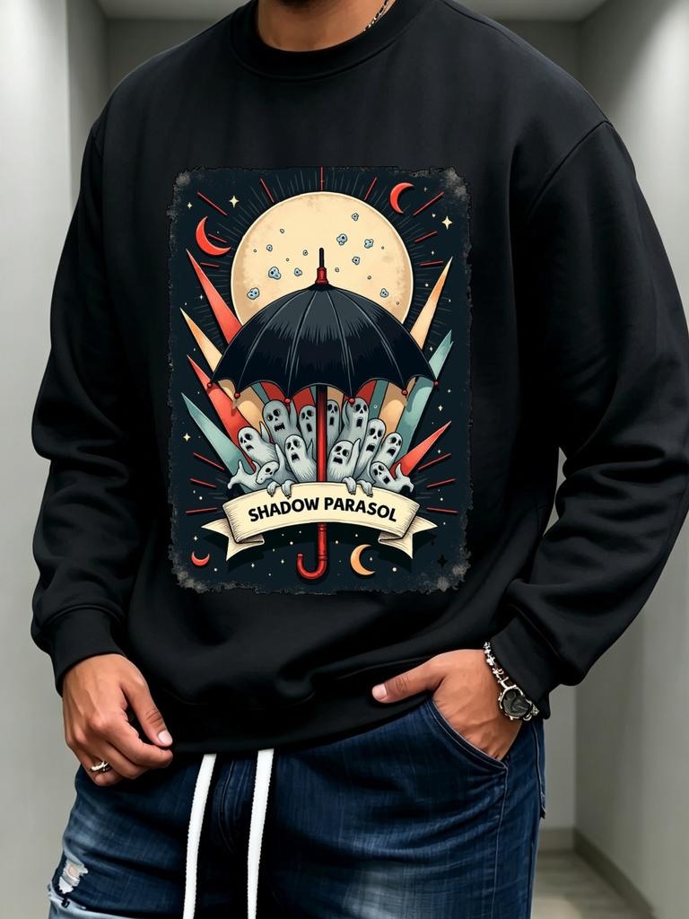 Men'S Graphic Print Crew Neck Sweatshirt, Vintage Retro Streetwear Pattern, Halloween Theme,100% Cotton Printed Long-Sleeve Crew Neck Pullover