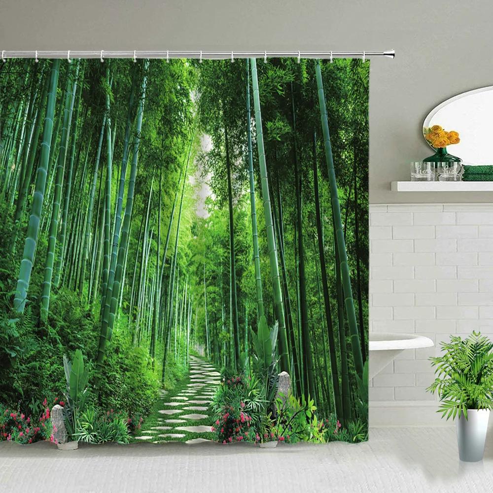 Modern 3D Printing Green Plant Tree Scenery Shower Curtains Forest Bamboo Landscape Bath Curtain Set For Bathroom Decor Cloth