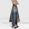 Irregular Patchwork Plaid Denim Skirt Women Do Old Gradient Overlay Waist Maxi Long Jeans Skirt Y2k Retro Streetwear