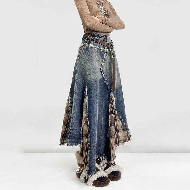 Irregular Patchwork Plaid Denim Skirt Women Do Old Gradient Overlay Waist Maxi Long Jeans Skirt Y2k Retro Streetwear