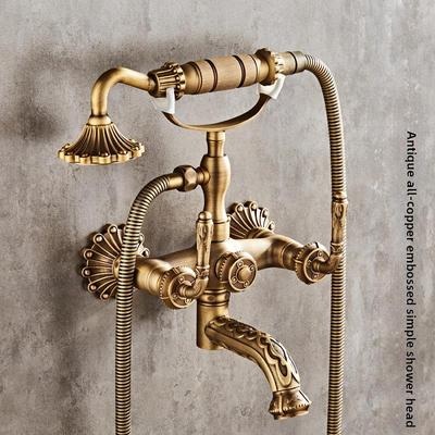 European Retro Carved Copper Shower Set with Hot/Cold Faucet & Hand Spray