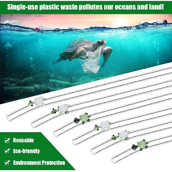 6 Pcs Glass Straw with Design Shatter Resistant Reusable Clear Bent Cute Straws 8 mm x 7.9 Inch with 2 Pcs Cleaning Brush for Drinking Smoothie