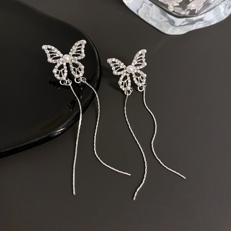 Premium butterfly pearl zircon fringed stud earrings super fairy long exquisite earrings versatile earrings