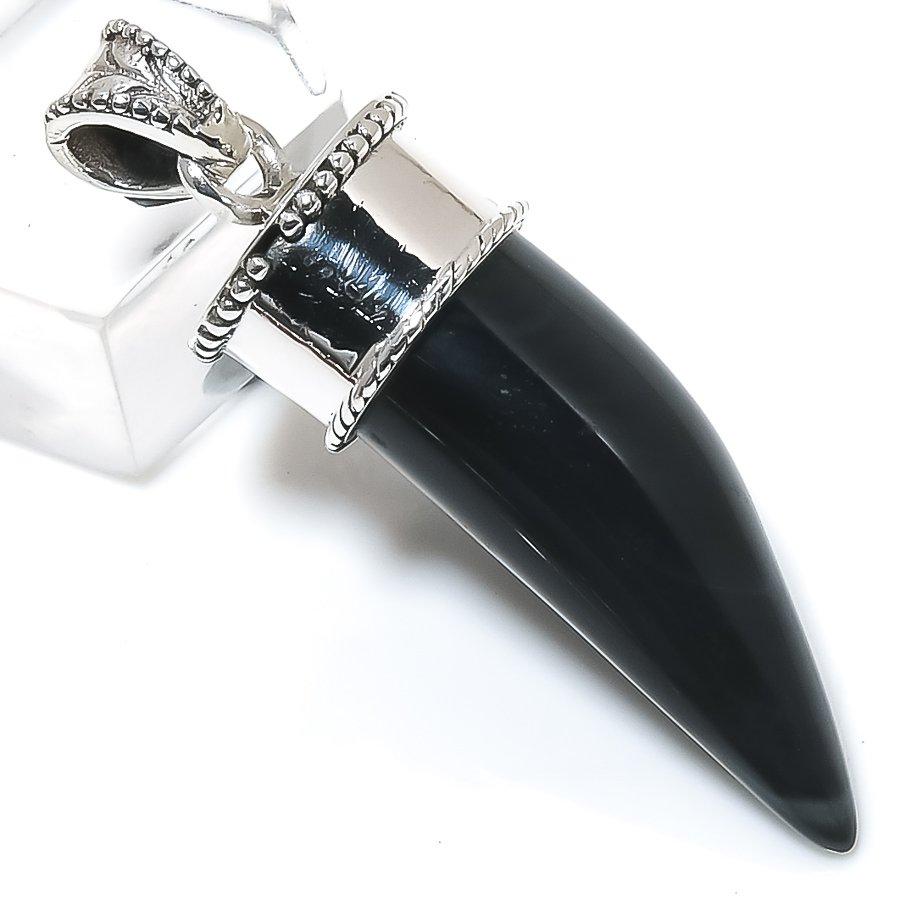 Natursten Svart Onyx Ädelsten 925 Massivt Sterlingsilver Smycke Hänge 1.75" F5T77