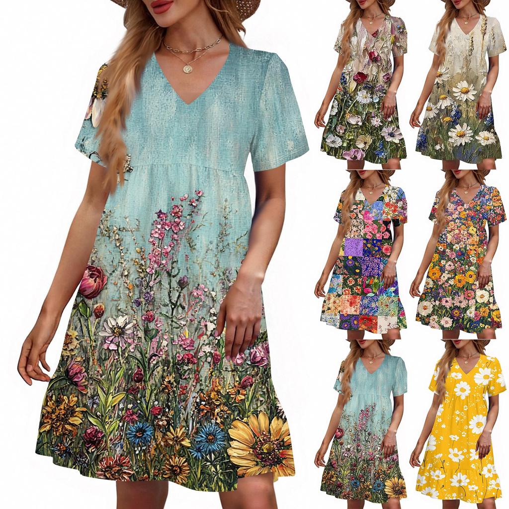 Women's Casual Fashion V-Neck Short Sleeve Floral Print Dress
