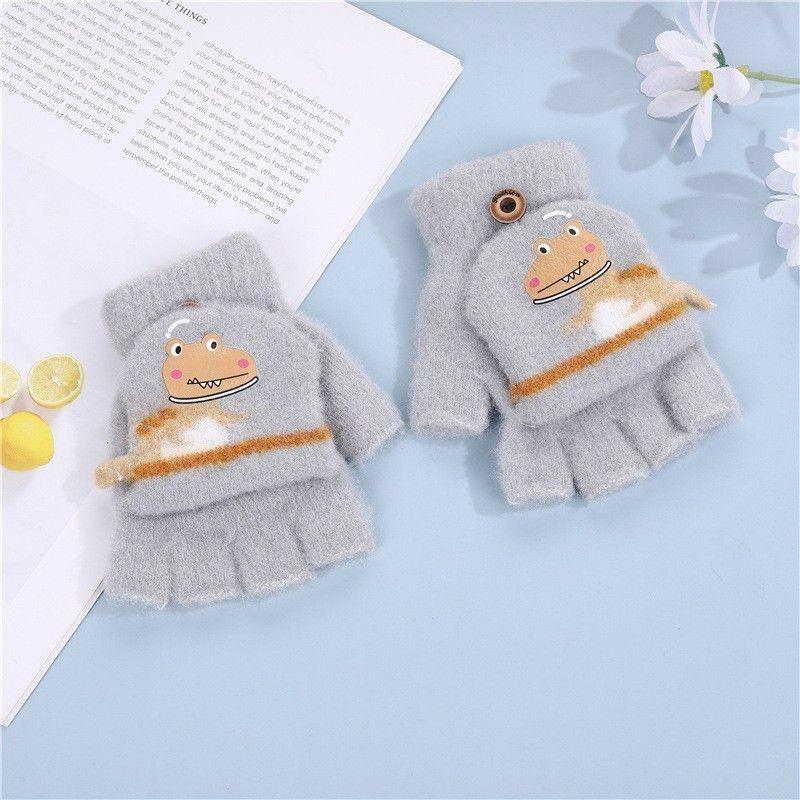 Children's flip gloves cute cartoon dinosaur boy baby children kindergarten winter warm half finger wool