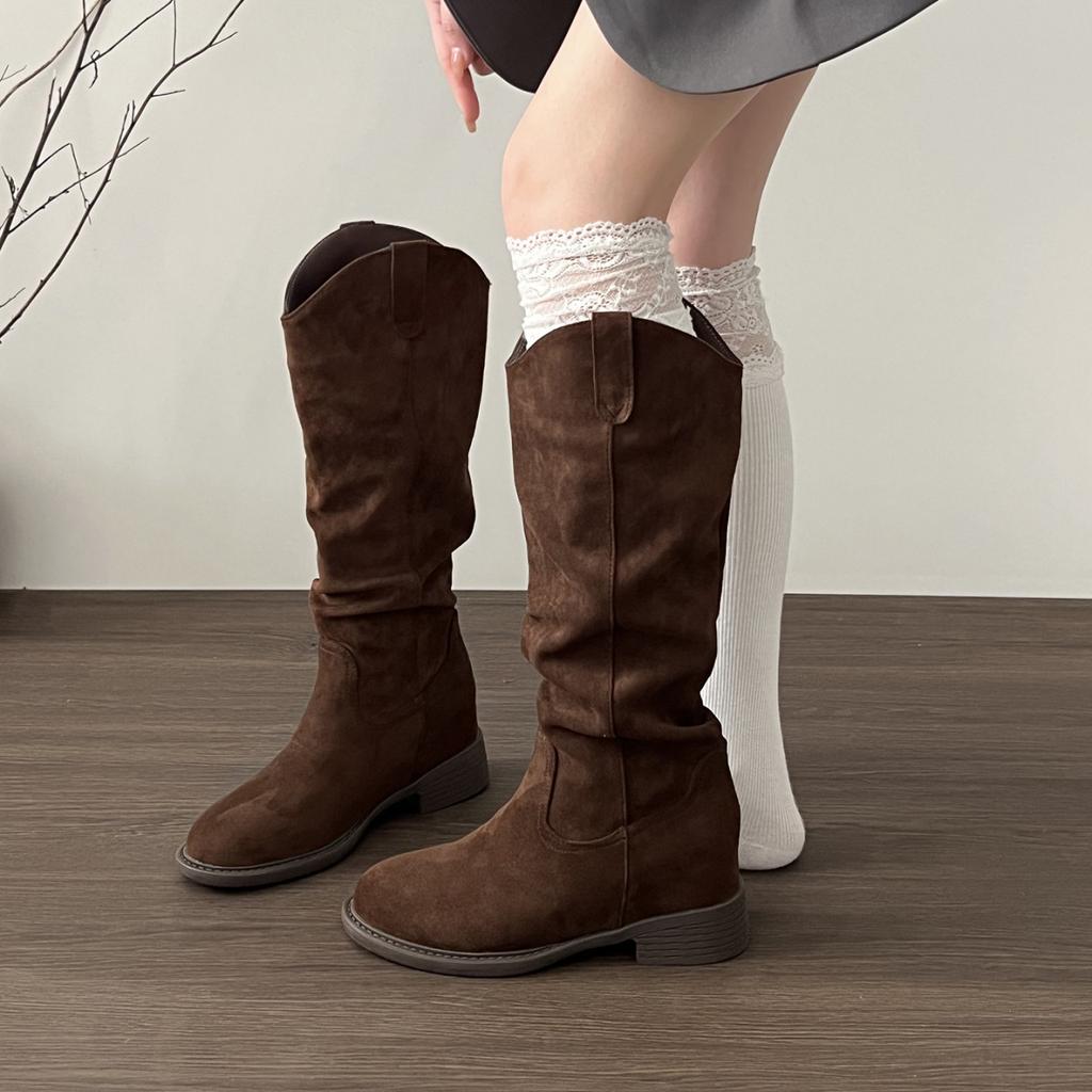 Retro fashion V-mouth stacking tall boots women's shoes spring and autumn round head western denim long tube thick heel boots