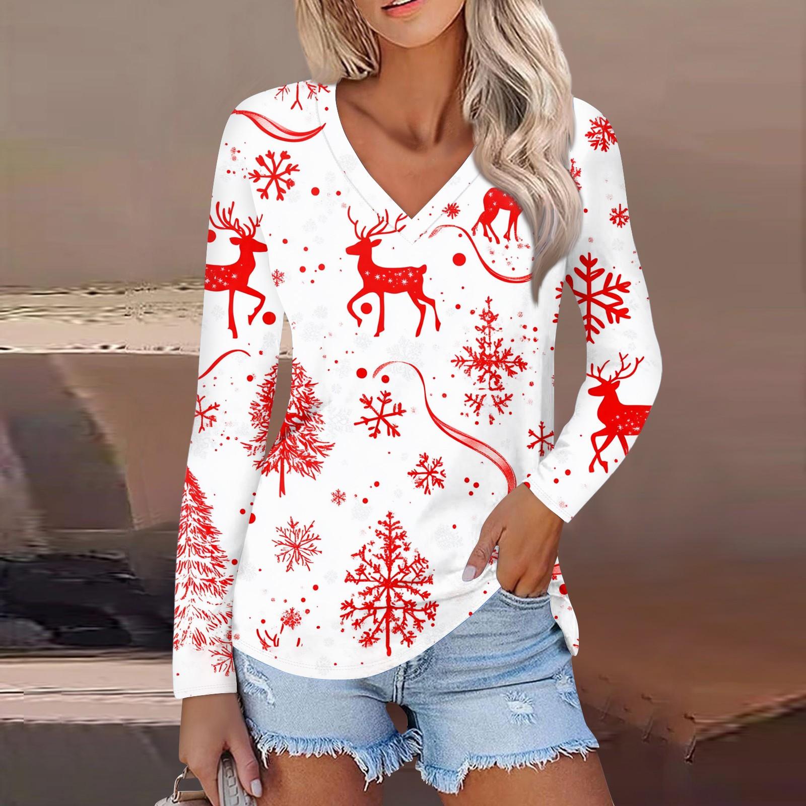 

Женский повседневный модный сексуальный удобный рождественский принтованный топ с V-образным вырезом и длинными рукавами L