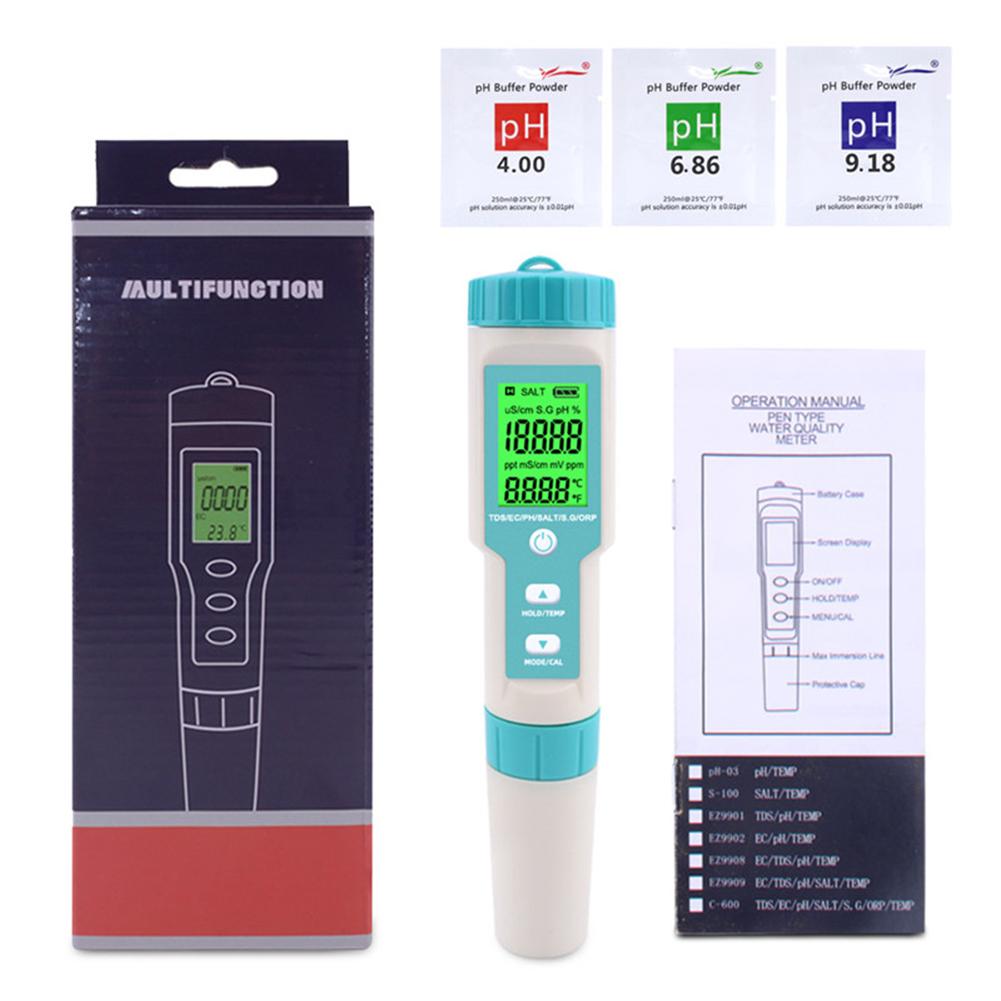 

Измеритель pH для аквариумов, 7 в 1: pH/TDS/EC/ORP/соленость/S. G/Temperature Meter C-600 Тестер качества питьевой воды зелёный