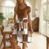 Women's Fashion Colorblock Printed Lace-up Short Sleeve Round Neck Splicing Short Dress