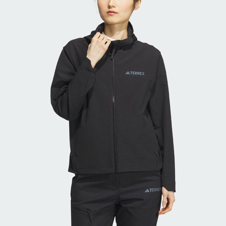 Adidas Brushed Shell Jacket Solid Color Logo Outdoor Fleece Lined Sports Hooded Softshell Jacket Women Jacket Black IL9013