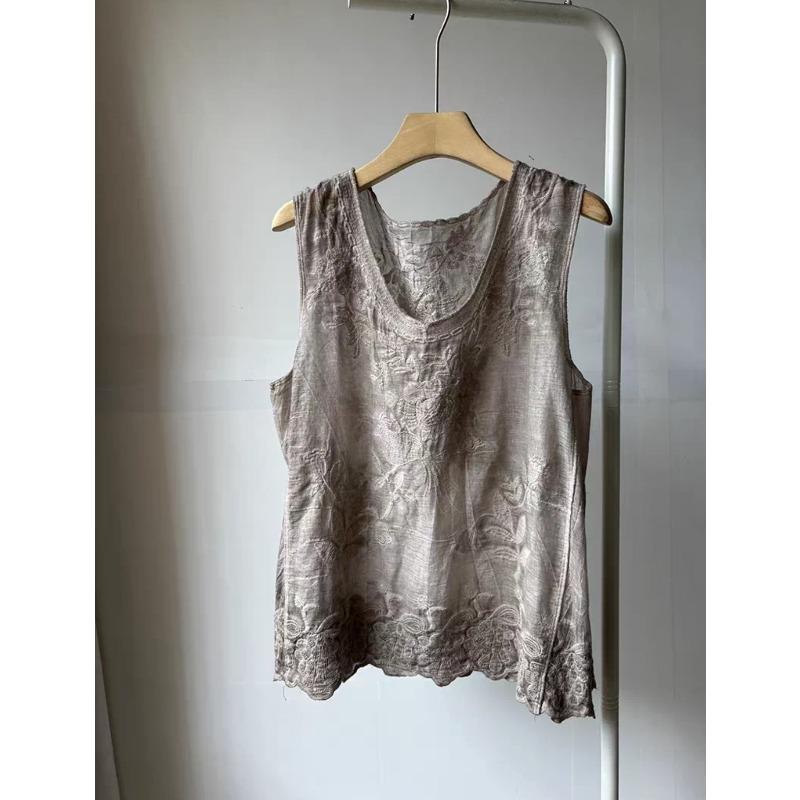 Summer Pure Cotton V-neck Single-breasted Hollow Vest Loose Sleeveless Cardigan with Vest Thin Large Size Top Women