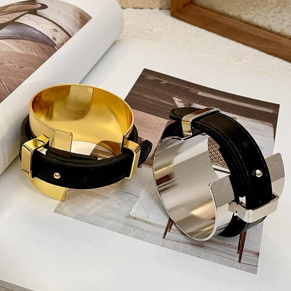 Silver Exaggerated Metal Bangle Armlet Women Open Bangle Belt Buckle Leather Bracelet  Daily