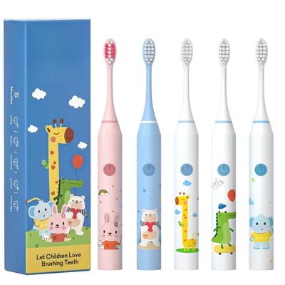Elektrische Kinderzahnbürste, wiederaufladbar, Cartoon-Design, für Kinder, mit 4/6 Ersatzköpfen, Ultraschall-IPX7-wasserdichte Schallzahnbürste