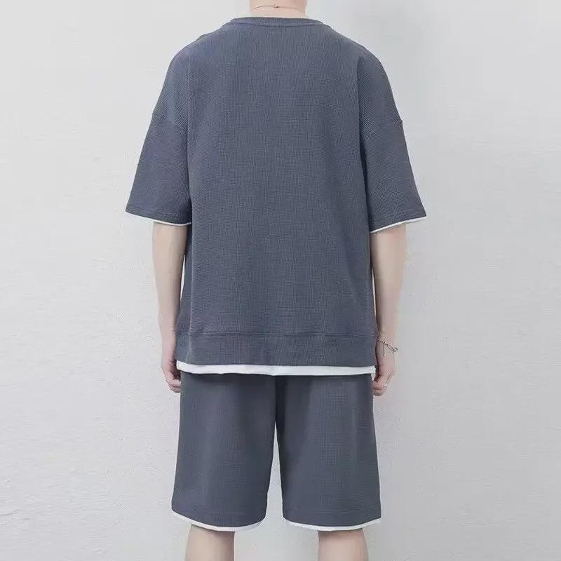 Hong Kong Style Waffle Casual Couple Suit with Loose Five-Point Shorts and Short-Sleeved Two-Piece