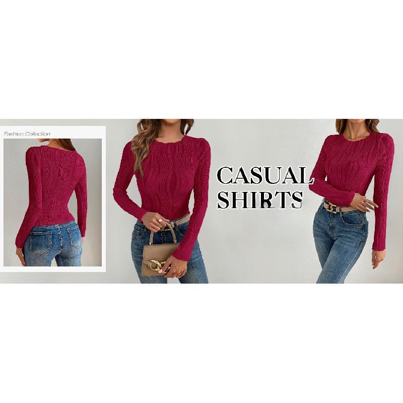 2026 Spring and Autumn New Women's Casual Textured Round Neck Long Sleeve Slim Fit T-Shirt