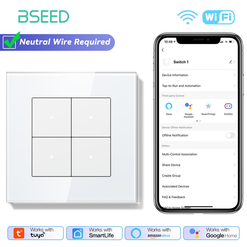 BSEED Wifi Wall Smart Switches 1/2/3/4Gang Mechanical Click Buttons Tuya Smart Life App With EU Power Sockets USB Glass Frames