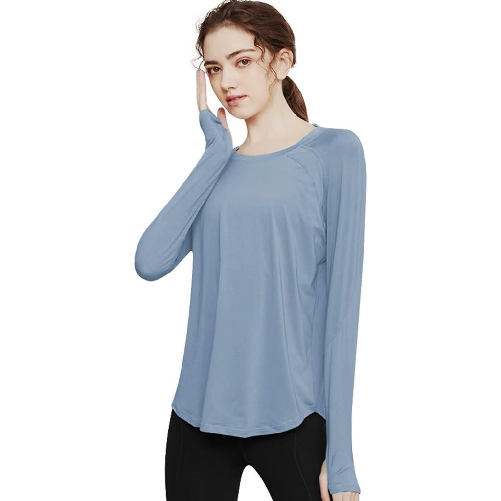 THREEGUN Yoga Long with Thumb Size M Women's Loose-Fit T-Shirt, Sleeve, Holes, Stretch, Cooling, Quick-Drying, (Blue)