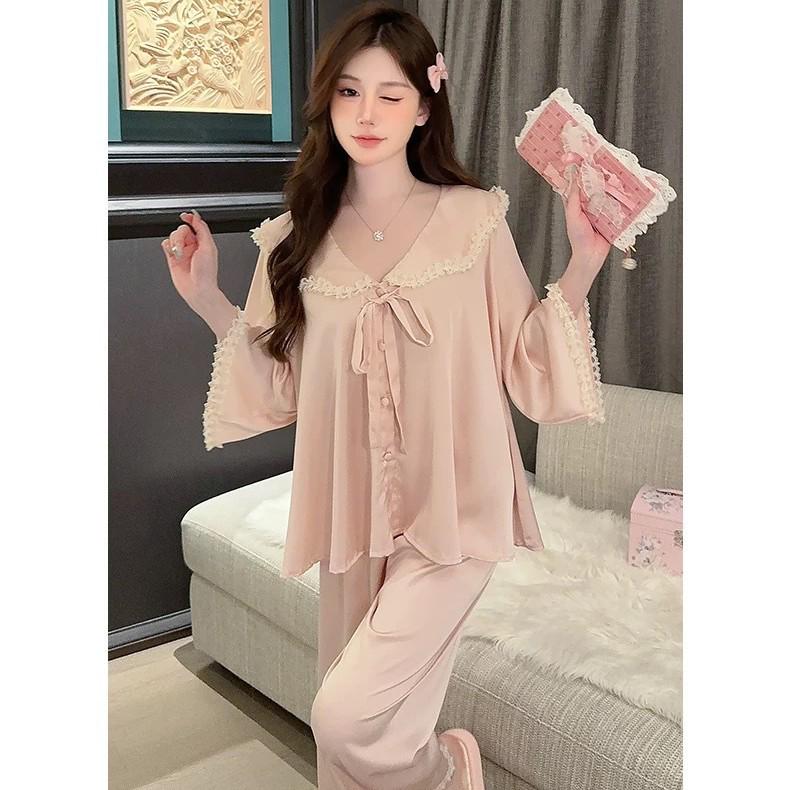 Women's Chiffon Pajama Set - Sweet Spring & Autumn Style, Doll Collar, Long Sleeves & Pants, Elegant & Lightweight Homewear