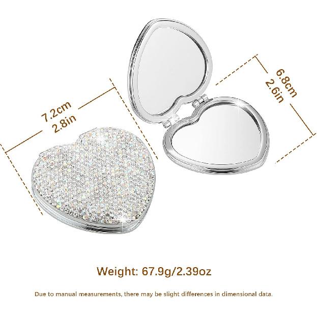 AsAlways Rhinestone Compact Pocket Mirror Portable Travel Cute Cosmetic Mirror Folding Handheld Double-Sided 1x/2x Magnifying Purse Mirror (Silver)
