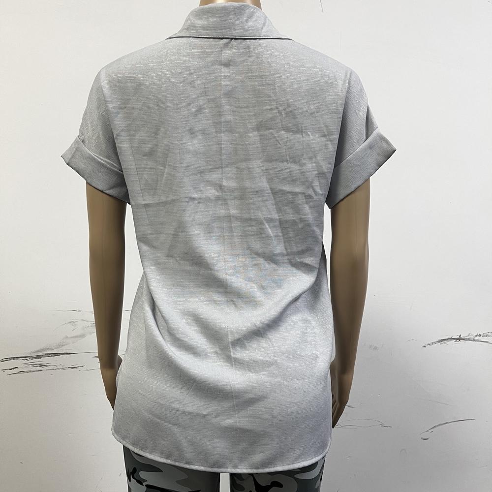 IHUASU Spring/summer Top Cotton/linen Pocket Button Short Sleeve Shirt T-shirt for Women