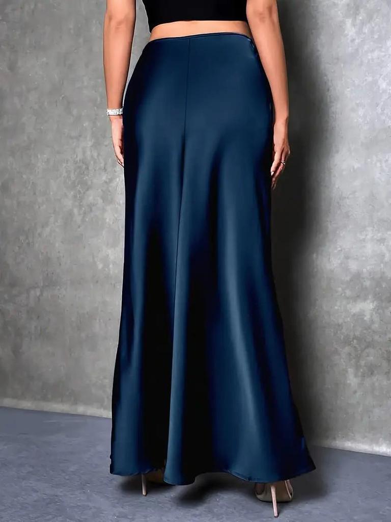 Elegant Women's High-Waisted Solid Color Satin Fishtail Skirt - Extra Long Length, 2025 Collection.