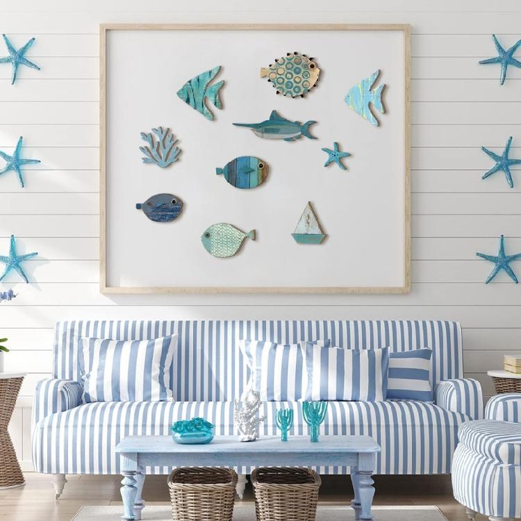 Mediterraneans Wood Fish Wall Decors Hanging Plaques Ornaments Coastal Theme Nursery Beach House Cottage Accent Gift