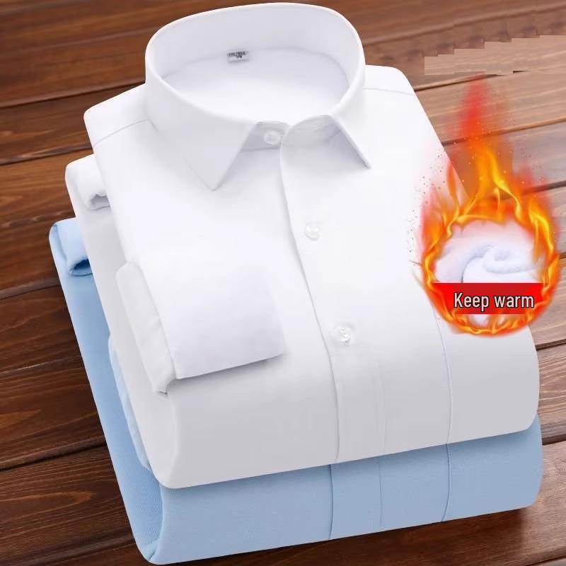 Men's Formal White Velvet-Lined Non-Iron Long Sleeve Shirt with Pocket