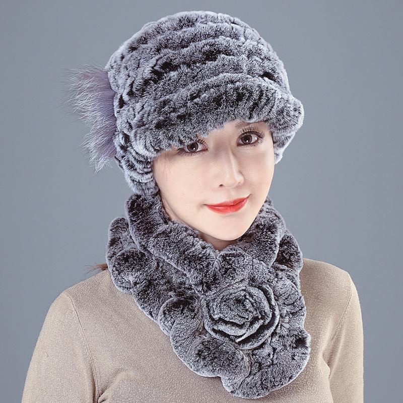New Rex rabbit hair hat women's autumn and winter ear protection fur woven real hair medium and old thickened versatile scarf set