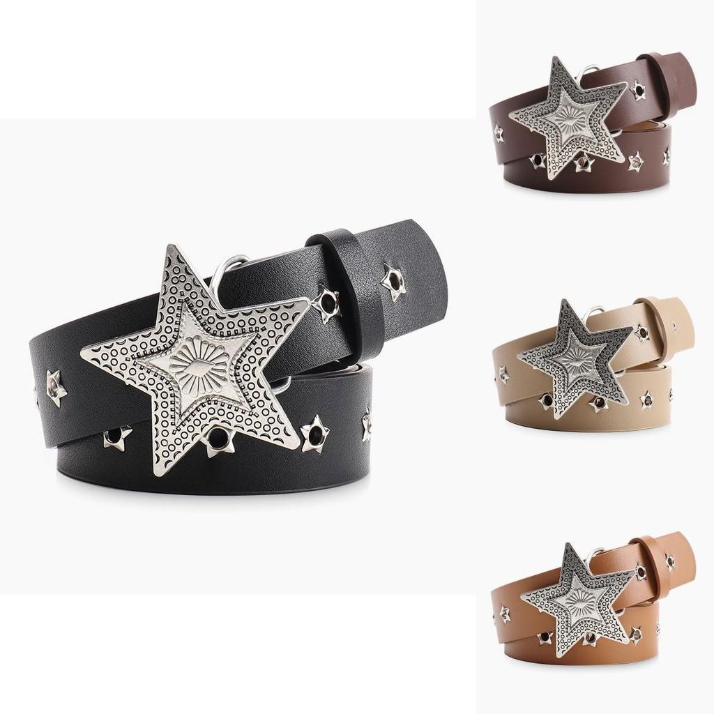 Fashion Womens Leather Belt With Star Pattern And Metal Buckle For Casual And Office Wear